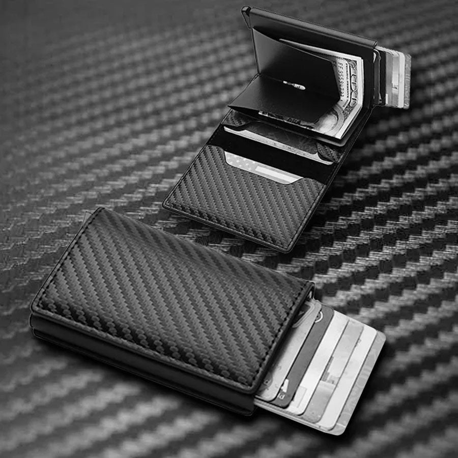 Carteira Masculina Antifurto RFID | Porta-Cartões Automático Pop-Up