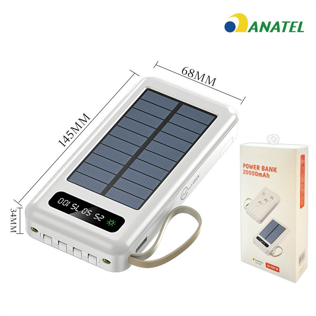 Carregador Portátil Power Bank Solar 20.000mAh | 5 em 1 com Lanterna LED