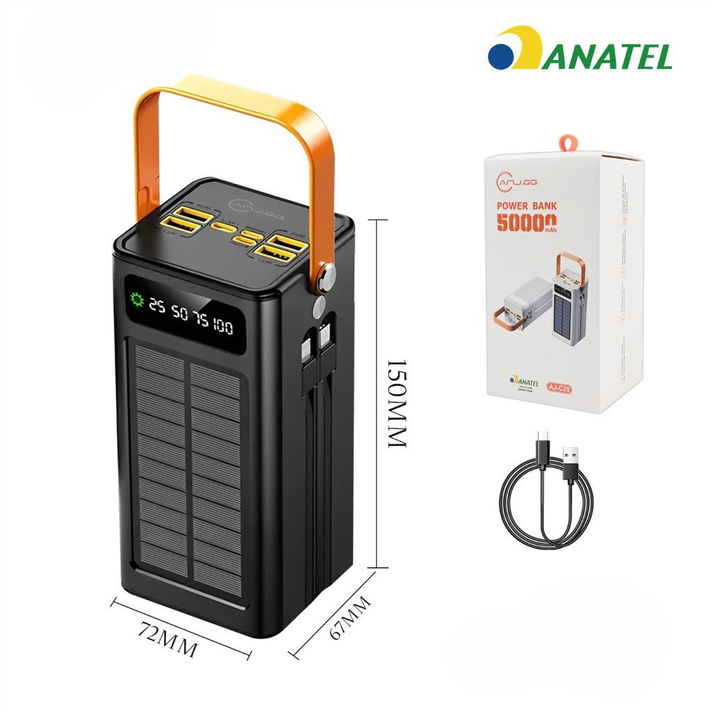 Carregador Portátil Power Bank Solar 50.000mAh | Alta Capacidade com Cabos Embutidos